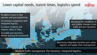 Copyright 2018 FUJITSU
Lower capital needs, transit times, logistics spend
15
CC BY 2.0 photo credit: https://www.kiln.digital/
Maritime traffic management. Port dynamics. Integrated logistics.
Optimizing integrated maritime-port–urban
logistics and supply chain management.
Managing the complexity of
and volatile changes in sea
traffic and port operation.
To address issues in ship
operator and port productivity.
To minimize congestions with
integrated logistics.
To reduce incidents and
improve safety of ships.
To enable port dynamics,
shorter queuing & turnarounds.
 