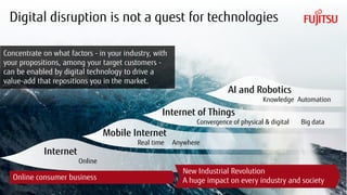 Copyright 2018 FUJITSU
Digital disruption is not a quest for technologies
Mobile Internet
Real time Anywhere
Internet of Things
Convergence of physical & digital Big data
AI and Robotics
Knowledge Automation
Internet
Online
Online consumer business
New Industrial Revolution
A huge impact on every industry and society
Concentrate on what factors - in your industry, with
your propositions, among your target customers -
can be enabled by digital technology to drive a
value-add that repositions you in the market.
2
 