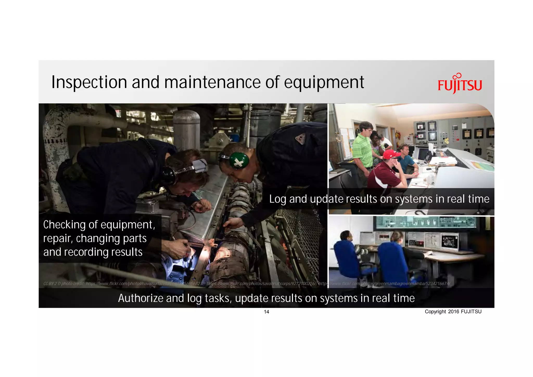 Copyright 2016 FUJITSU
Inspection and maintenance of equipment
Checking of equipment,
repair, changing parts
and recording results
Log and update results on systems in real time
Authorize and log tasks, update results on systems in real time
CC BY 2.0 photo credit: https://www.flickr.com/photos/navalsurfaceforces/16256986827/; https://www.flickr.com/photos/savannahcorps/9272100226/; https://www.flickr.com/photos/greenmambagreenmamba/5234216674/
14
 