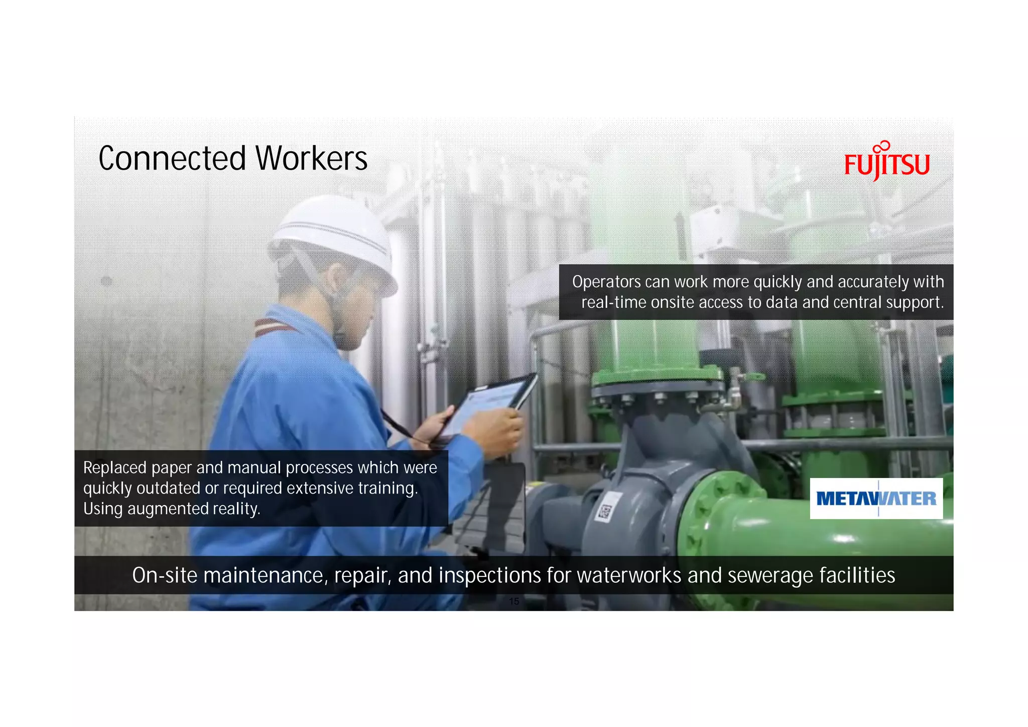 Copyright 2016 FUJITSU
Connected Workers
15
On-site maintenance, repair, and inspections for waterworks and sewerage facilities
Replaced paper and manual processes which were
quickly outdated or required extensive training.
Using augmented reality.
Operators can work more quickly and accurately with
real-time onsite access to data and central support.
 