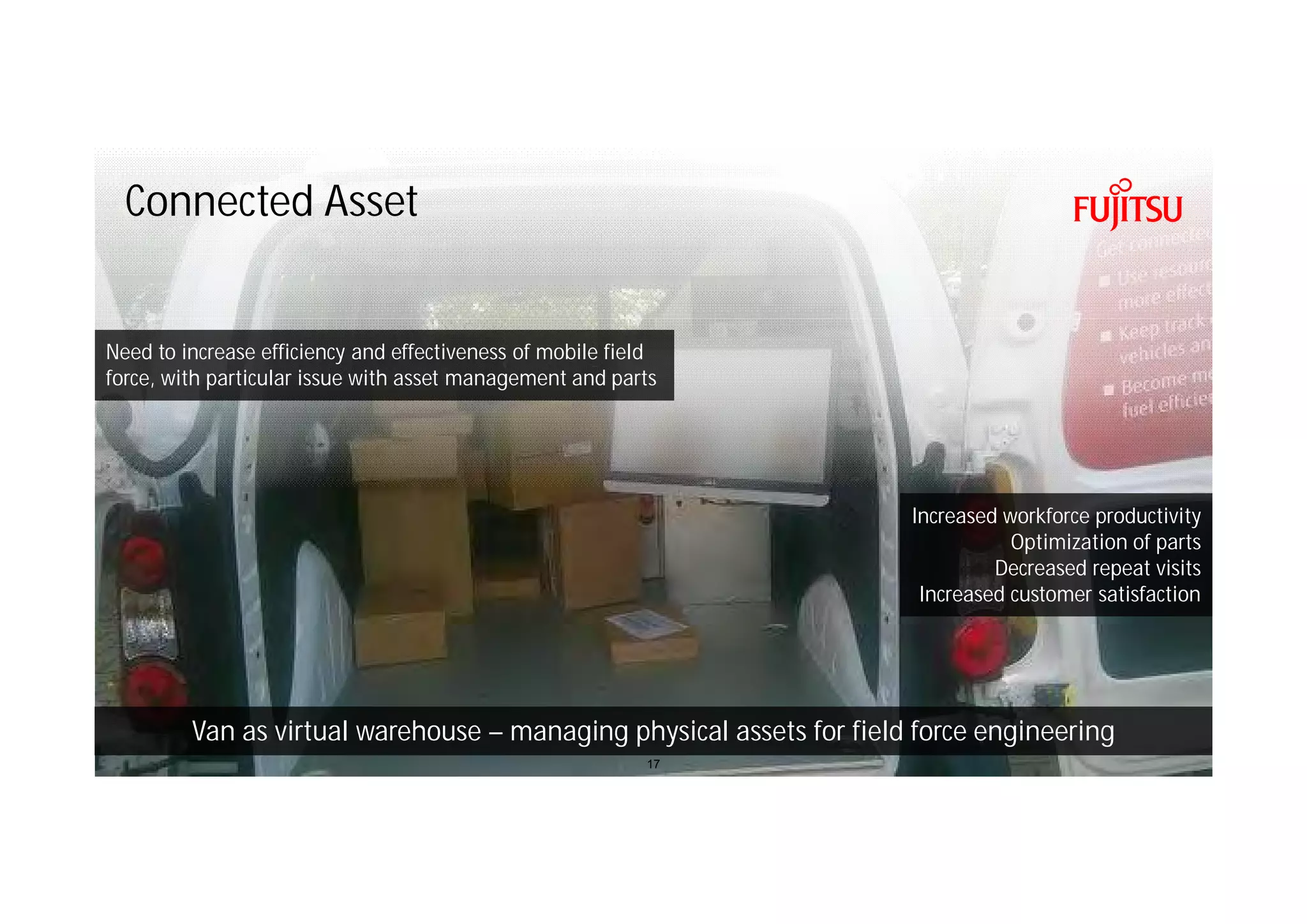 Copyright 2016 FUJITSU
Connected Asset
17
Need to increase efficiency and effectiveness of mobile field
force, with particular issue with asset management and parts
Van as virtual warehouse – managing physical assets for field force engineering
Increased workforce productivity
Optimization of parts
Decreased repeat visits
Increased customer satisfaction
 