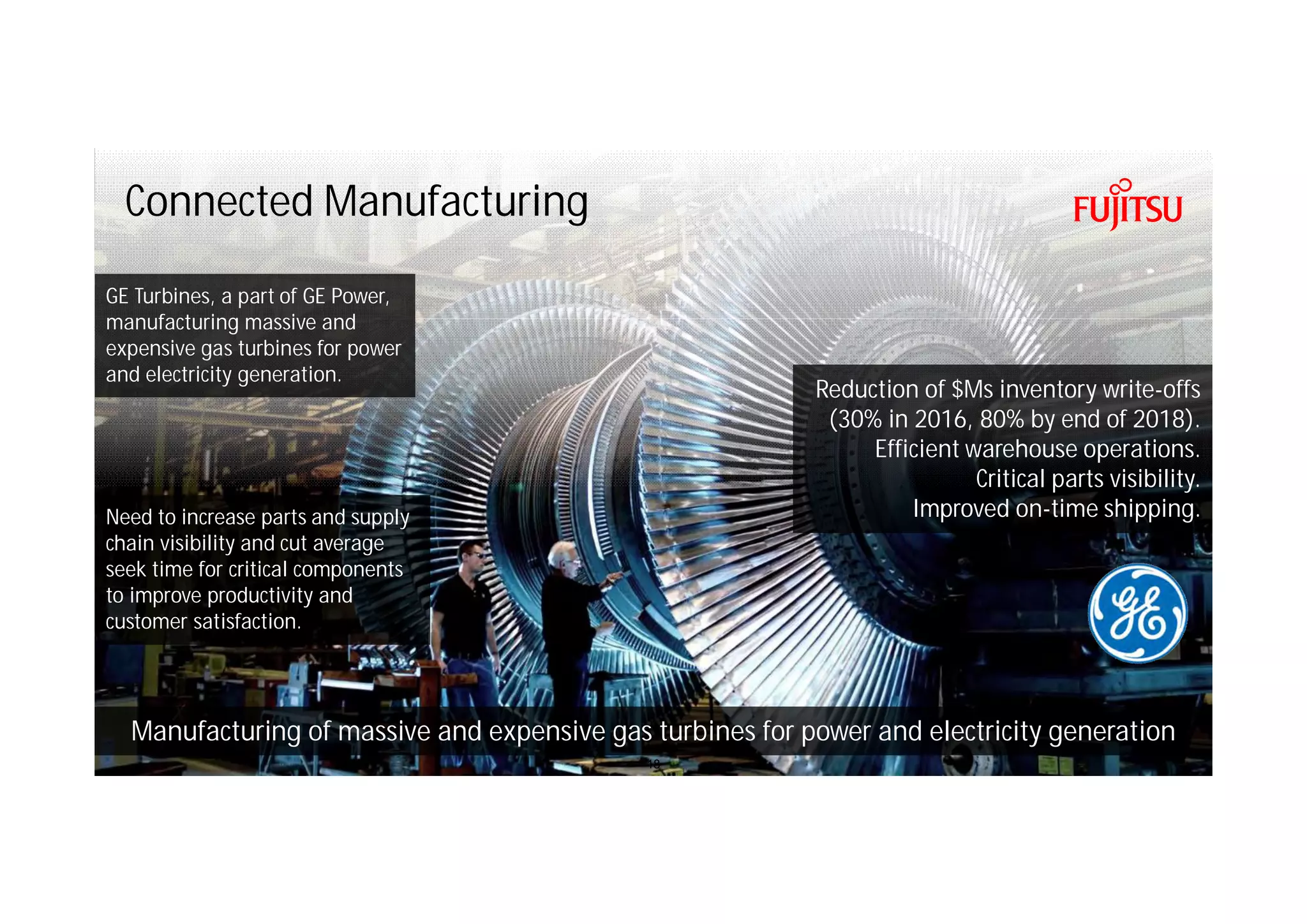 Copyright 2016 FUJITSU
Connected Manufacturing
18
GE Turbines, a part of GE Power,
manufacturing massive and
expensive gas turbines for power
and electricity generation.
Manufacturing of massive and expensive gas turbines for power and electricity generation
Reduction of $Ms inventory write-offs
(30% in 2016, 80% by end of 2018).
Efficient warehouse operations.
Critical parts visibility.
Improved on-time shipping.Need to increase parts and supply
chain visibility and cut average
seek time for critical components
to improve productivity and
customer satisfaction.
 
