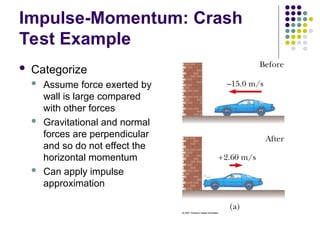 Impulse-Momentum: Crash
Test Example
 Categorize
 Assume force exerted by
wall is large compared
with other forces
 Gravitational and normal
forces are perpendicular
and so do not effect the
horizontal momentum
 Can apply impulse
approximation
 