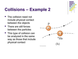 Collisions – Example 2
 The collision need not
include physical contact
between the objects
 There are still forces
between the particles
 This type of collision can
be analyzed in the same
way as those that include
physical contact
 
