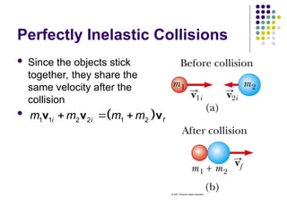 Perfectly Inelastic Collisions
 Since the objects stick
together, they share the
same velocity after the
collision

 
1 1 2 2 1 2
i i f
m m m m
  
v v v
  
 