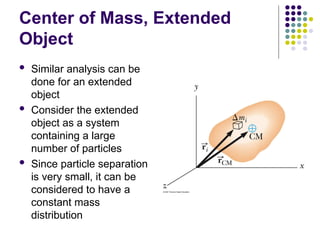 Center of Mass, Extended
Object
 Similar analysis can be
done for an extended
object
 Consider the extended
object as a system
containing a large
number of particles
 Since particle separation
is very small, it can be
considered to have a
constant mass
distribution
 