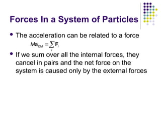 Forces In a System of Particles
 The acceleration can be related to a force
 If we sum over all the internal forces, they
cancel in pairs and the net force on the
system is caused only by the external forces
CM i
i
M 
a F


 