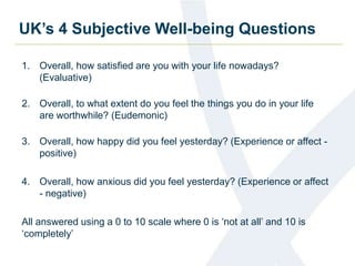 UK’s 4 Subjective Well-being Questions 
1. Overall, how satisfied are you with your life nowadays? 
(Evaluative) 
2. Overall, to what extent do you feel the things you do in your life 
are worthwhile? (Eudemonic) 
3. Overall, how happy did you feel yesterday? (Experience or affect - 
positive) 
4. Overall, how anxious did you feel yesterday? (Experience or affect 
- negative) 
All answered using a 0 to 10 scale where 0 is ‘not at all’ and 10 is 
‘completely’ 
 