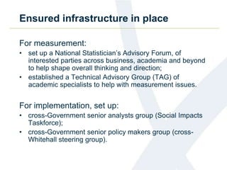Ensured infrastructure in place 
For measurement: 
• set up a National Statistician’s Advisory Forum, of 
interested parties across business, academia and beyond 
to help shape overall thinking and direction; 
• established a Technical Advisory Group (TAG) of 
academic specialists to help with measurement issues. 
For implementation, set up: 
• cross-Government senior analysts group (Social Impacts 
Taskforce); 
• cross-Government senior policy makers group (cross- 
Whitehall steering group). 
 