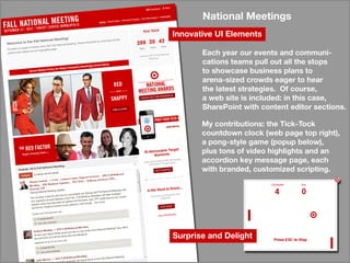 InnovativeUIElements
SurpriseandDelight
NationalMeetings
Mycontributions:theTick-Tock
countdownclock(webpagetopright),
apong-stylegame(popupbelow),
plustonsofvideohighlightsandan
accordionkeymessagepage,each
withbranded,customizedscripting.
Eachyearoureventsandcommuni-
cationsteamspulloutallthestops
toshowcasebusinessplansto
arena-sizedcrowdseagertohear
thelateststrategies.Ofcourse,
awebsiteisincluded:inthiscase,
ShaSharePointwithcontenteditorsections.
 