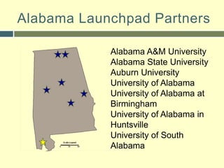 Alabama Launchpad PartnersAlabama A&M UniversityAlabama State UniversityAuburn UniversityUniversity of AlabamaUniversity of Alabama at BirminghamUniversity of Alabama in HuntsvilleUniversity of South Alabama