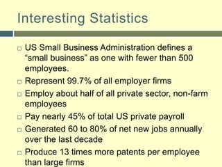 Interesting StatisticsUS Small Business Administration defines a “small business” as one with fewer than 500 employees.Represent 99.7% of all employer firmsEmploy about half of all private sector, non-farm employeesPay nearly 45% of total US private payrollGenerated 60 to 80% of net new jobs annually over the last decadeProduce 13 times more patents per employee than large firms