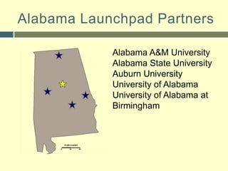 Alabama Launchpad PartnersAlabama A&M UniversityAlabama State UniversityAuburn UniversityUniversity of AlabamaUniversity of Alabama at Birmingham