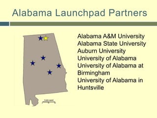 Alabama Launchpad PartnersAlabama A&M UniversityAlabama State UniversityAuburn UniversityUniversity of AlabamaUniversity of Alabama at BirminghamUniversity of Alabama in Huntsville