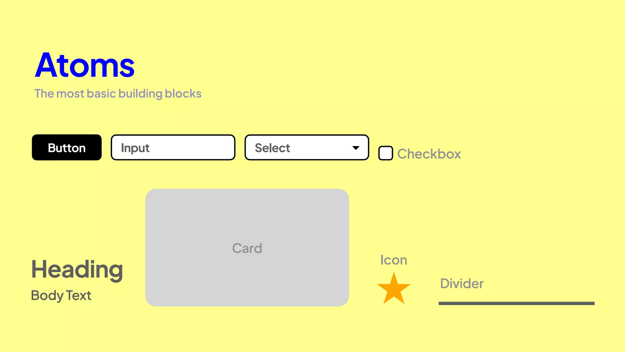 The most basic building blocks
Atoms
Button Input Select
Card
Icon
Divider
Body Text
Heading
Checkbox
 