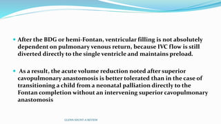  After the BDG or hemi-Fontan, ventricular filling is not absolutely 
dependent on pulmonary venous return, because IVC flow is still 
diverted directly to the single ventricle and maintains preload. 
 As a result, the acute volume reduction noted after superior 
cavopulmonary anastomosis is better tolerated than in the case of 
transitioning a child from a neonatal palliation directly to the 
Fontan completion without an intervening superior cavopulmonary 
anastomosis 
GLENN SHUNT-A REVIEW 
 