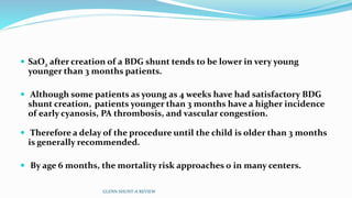  SaO2 after creation of a BDG shunt tends to be lower in very young 
younger than 3 months patients. 
 Although some patients as young as 4 weeks have had satisfactory BDG 
shunt creation, patients younger than 3 months have a higher incidence 
of early cyanosis, PA thrombosis, and vascular congestion. 
 Therefore a delay of the procedure until the child is older than 3 months 
is generally recommended. 
 By age 6 months, the mortality risk approaches 0 in many centers. 
GLENN SHUNT-A REVIEW 
 