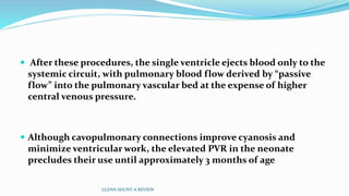  After these procedures, the single ventricle ejects blood only to the 
systemic circuit, with pulmonary blood flow derived by “passive 
flow” into the pulmonary vascular bed at the expense of higher 
central venous pressure. 
 Although cavopulmonary connections improve cyanosis and 
minimize ventricular work, the elevated PVR in the neonate 
precludes their use until approximately 3 months of age 
GLENN SHUNT-A REVIEW 
 