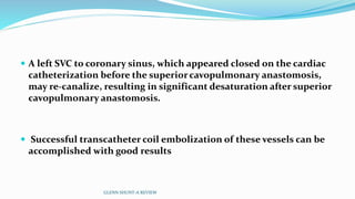  A left SVC to coronary sinus, which appeared closed on the cardiac 
catheterization before the superior cavopulmonary anastomosis, 
may re-canalize, resulting in significant desaturation after superior 
cavopulmonary anastomosis. 
 Successful transcatheter coil embolization of these vessels can be 
accomplished with good results 
GLENN SHUNT-A REVIEW 
 