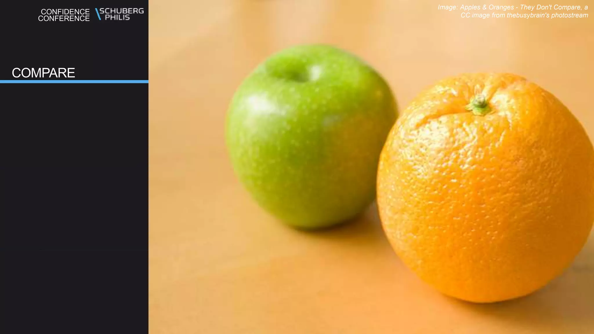 CONFIDENCE
CONFERENCE
COMPARE
Image: Apples & Oranges - They Don't Compare, a
CC image from thebusybrain's photostream
 