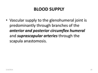 BLOOD SUPPLY
• Vascular supply to the glenohumeral joint is
predominantly through branches of the
anterior and posterior circumflex humeral
and suprascapular arteries through the
scapula anastomosis.

2/10/2014

20

 