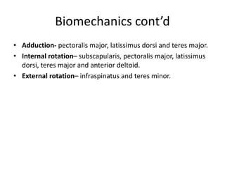 Biomechanics cont’d
• Adduction- pectoralis major, latissimus dorsi and teres major.
• Internal rotation– subscapularis, pectoralis major, latissimus
dorsi, teres major and anterior deltoid.
• External rotation– infraspinatus and teres minor.
 
