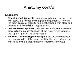 Anatomy cont’d
3. Ligaments
• Glenohumeral ligaments (superior, middle and inferior) – the
joint capsule is formed by this group of ligaments. They are
the main source of stability holding the shoulder in place and
preventing it from dislocating anteriorly.
• Coracohumeral ligament – attaches the base of the coracoid
process to the greater tubercle of the humerus. It supports
the superior part of the joint capsule.
• Transverse humeral ligament – spans the distance between
the two tubercles of the humerus. It holds the tendon of the
long head of the biceps in the intertubercular groove.]
 