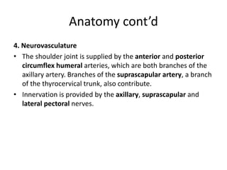 Anatomy cont’d
4. Neurovasculature
• The shoulder joint is supplied by the anterior and posterior
circumflex humeral arteries, which are both branches of the
axillary artery. Branches of the suprascapular artery, a branch
of the thyrocervical trunk, also contribute.
• Innervation is provided by the axillary, suprascapular and
lateral pectoral nerves.
 