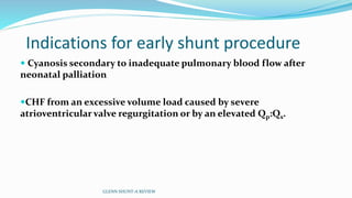Indications for early shunt procedure
 Cyanosis secondary to inadequate pulmonary blood flow after
neonatal palliation
CHF from an excessive volume load caused by severe
atrioventricular valve regurgitation or by an elevated Qp:Qs.
GLENN SHUNT-A REVIEW
 