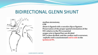 BIDIRECTIONAL GLENN SHUNT
GLENN SHUNT-A REVIEW
median sternotomy
CPB
shunt is ligated with a vascular clip or ligature.
Preservation of the proper spatial orientation of the
SVC relative to the PA is essential
azygos vein is ligated but not divided
SVC is then divided, and the cardiac end is oversewn.
cephalic end is anastomosed end to side to the
ipsilateral PA.
 