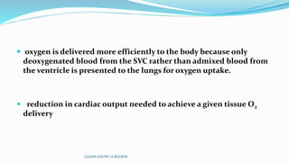  oxygen is delivered more efficiently to the body because only
deoxygenated blood from the SVC rather than admixed blood from
the ventricle is presented to the lungs for oxygen uptake.
 reduction in cardiac output needed to achieve a given tissue O2
delivery
GLENN SHUNT-A REVIEW
 
