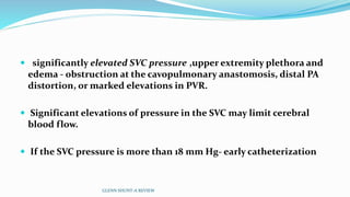  significantly elevated SVC pressure ,upper extremity plethora and
edema - obstruction at the cavopulmonary anastomosis, distal PA
distortion, or marked elevations in PVR.
 Significant elevations of pressure in the SVC may limit cerebral
blood flow.
 If the SVC pressure is more than 18 mm Hg- early catheterization
GLENN SHUNT-A REVIEW
 