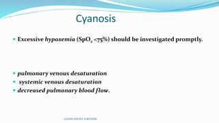 Cyanosis
 Excessive hypoxemia (SpO2 <75%) should be investigated promptly.
 pulmonary venous desaturation
 systemic venous desaturation
 decreased pulmonary blood flow.
GLENN SHUNT-A REVIEW
 