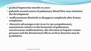  gradual hypoxemia months to years
 pulsatile second source of pulmonary blood flow may minimize
the development
 malformations diminish or disappear completely after fontan
completion
 theoretic advantages exist to an ivc-pa cavopulmonary
anastomosis relative to the formation of pulmonary
arteriovenous malformations, the elevation in hepatic venous
pressure and the detrimental effects on liver function may be
prohibitive
GLENN SHUNT-A REVIEW
 