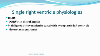 Single right ventricle physiologies
 HLHS
 DORVwith mitral atresia
 Malaligned atrioventricular canal with hypoplastic left ventricle
 Heterotaxy syndromes
GLENN SHUNT-A REVIEW
 