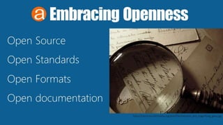 EmbracingOpenness
Open Source
Open Standards
Open Formats
Open documentation
https://commons.wikimedia.org/wiki/File:Postcards_and_magnifying_glass.jpg
 