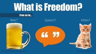 Whatis Freedom?
https://commons.wikimedia.org/wiki/File:Beer_mug_transparent.png
“ ”
Free as in…
Beer? Speech? Kitten?
http://www.freestockphotos.biz/stockphoto/9343
 