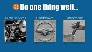 Do one thing well…
Micro-services Handshakes Partnerships
Gears – Joe DeSousa.
https://www.flickr.com/photos/mustangjoe/22711070429
Metal Handshake – Grey Geezer.
https://commons.wikimedia.org/wiki/File:Metal_Handsha
ke.jpg
Hands Passing Baton - tableatny,
https://www.flickr.com/photos/53370644@N06/497649
7160
 
