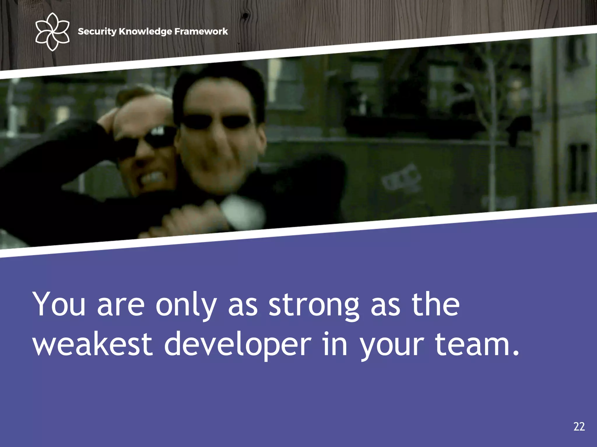 Agenda
• Why?
• Software (AND Security) development life cycle
22
You are only as strong as the
weakest developer in your team.
22
 