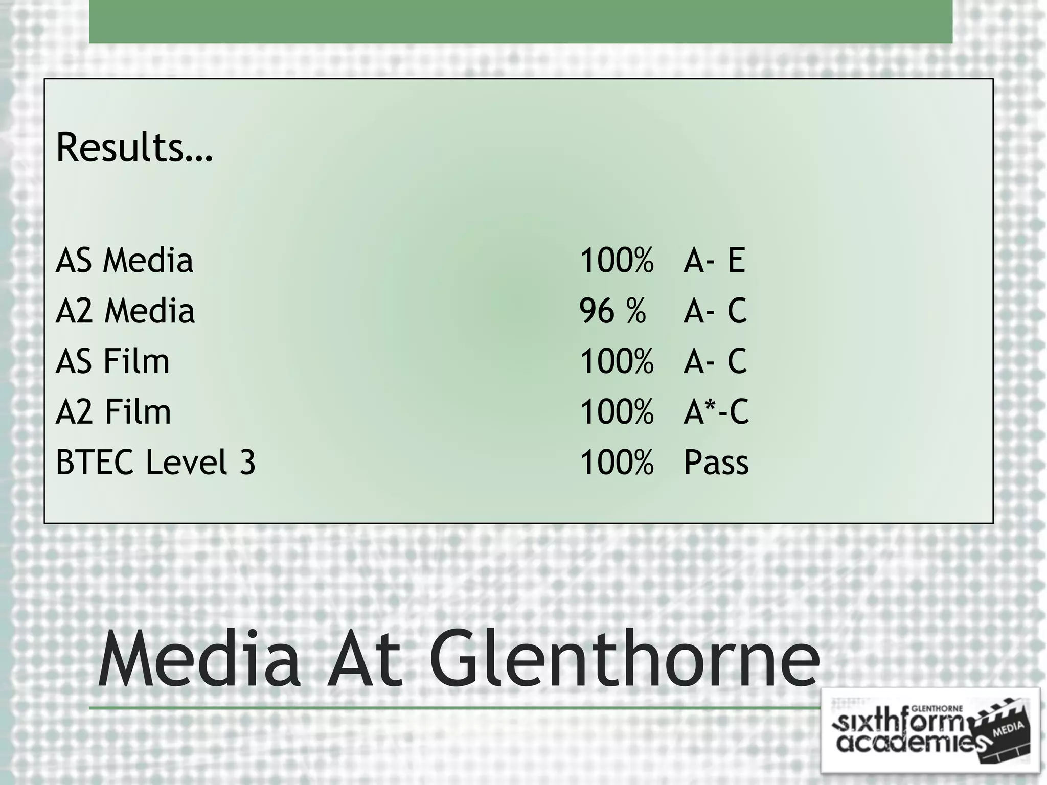 Results…
AS Media
A2 Media
AS Film
A2 Film
BTEC Level 3

100%
96 %
100%
100%
100%

A- E
A- C
A- C
A*-C
Pass

Media At Glenthorne

 