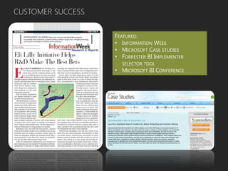 CUSTOMER SUCCESS
FEATURED:
• INFORMATION WEEK
• MICROSOFT CASE STUDIES
• FORRESTER BI IMPLEMENTER
SELECTOR TOOL
• MICROSOFT BI CONFERENCE
 