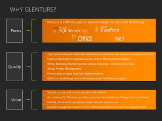 WHY GLENTURE?
 Glenture is 100% focused on solutions based on Microsoft technology
 Tight partnership with Microsoft development, solutions and account management teams
 Depth and breadth of expertise across various Microsoft technologies
 Strong Business Acumen (across various industries, functions and LOBs)
 Strong Project Management
 Proven track of large fixed fee implementations
 Ability to handle large and small assignments; Full-lifecycle support
 Volume, tenure, and prompt pay discount options.
Focus
 As a national SI, Glenture can often minimize travel costs by utilizing local consultants
 Flexible, on-demand operating model reduces resource cost
 Multiple engagement options (from staff augmentations to fixed fee engagements)
Quality
Value
.NET
 