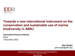 Towards a new international instrument on the 
conservation and sustainable use of marine 
biodiversity in ABNJ 
Institute for Sustainable Development and International Relations 
41 rue du Four – 75006 Paris - France 
www.iddri.org 
Celine MARCY, IDDRI 
International Oceans Institute 
Malta 
1 December 2014 
Glen Wright 
glen.wright@iddri.org 
 