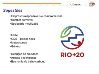 Sugestões
   •Empresas responsáveis e comprometidas
   •Romper barreiras
   •Sociedade mobilizada



   •ODM
   •ODS – países ricos
   •Metas claras
   •Gênero

   •Redução de emissões
   •Acesso a tecnologia
   •Economia de baixo carbono
 