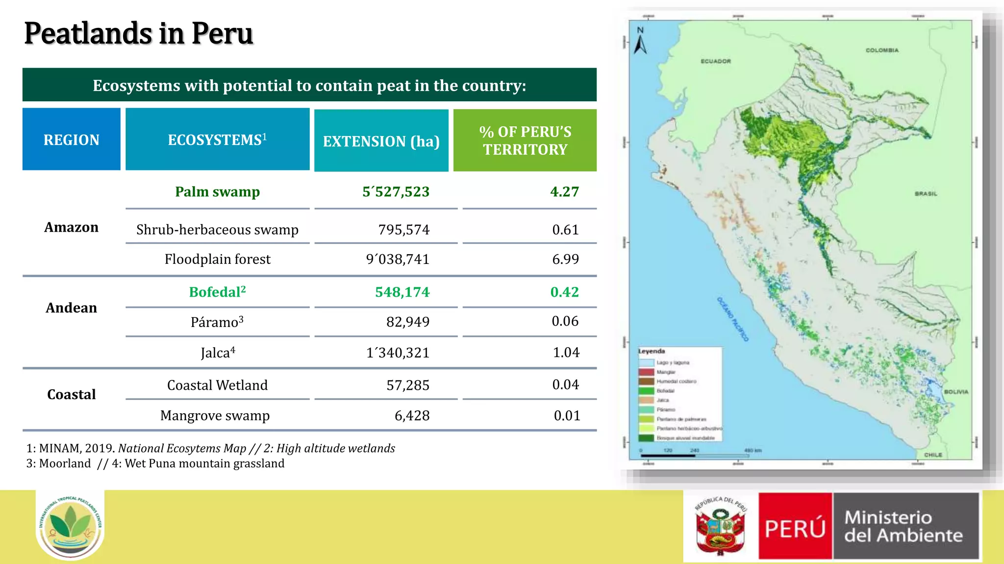 InternationalTropical PeatlandsCenter (ITPC)
1: MINAM, 2019. National Ecosytems Map // 2: High altitude wetlands
3: Moorland // 4: Wet Puna mountain grassland
Peatlands in Peru
ECOSYSTEMS1REGION
% OF PERU’S
TERRITORY
EXTENSION (ha)
Amazon
Andean
Coastal
Palm swamp
Shrub-herbaceous swamp
Floodplain forest
Bofedal2
Páramo3
Jalca4
Coastal Wetland
Mangrove swamp
5´527,523
795,574
9´038,741
548,174
82,949
1´340,321
57,285
6,428
4.27
0.61
6.99
0.42
Ecosystems with potential to contain peat in the country:
0.06
1.04
0.04
0.01
 