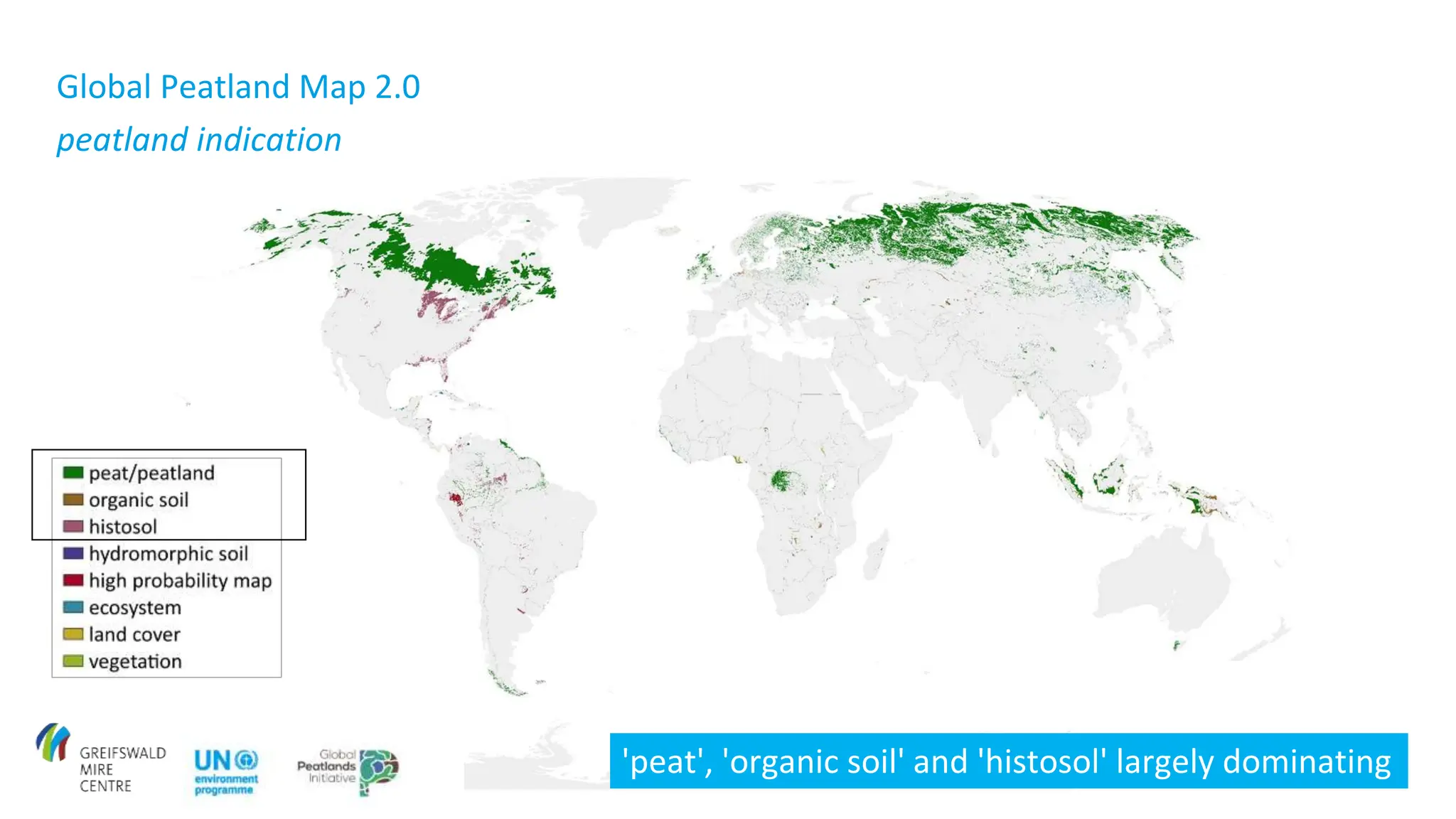 Global Peatland Map 2.0
peatland indication
'peat', 'organic soil' and 'histosol' largely dominating
 