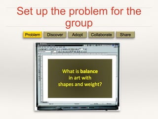 Set up the problem for the group
!
What!is!balance!!
in!art!with!!
shapes!and!weight?!
DiscoverProblem Adopt ShareCollaborate
!!!!
 