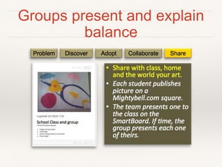 Groups present and explain balance
DiscoverProblem Adopt ShareCollaborate
•  Share&with&class,&home&
and&the&world&your&art.&
•  Each%student%publishes%
picture%on%a%
Mightybell.com%square.%%
•  The%team%presents%one%to%
the%class%on%the%
SmartBoard.%If%=me,%the%
group%presents%each%one%
of%theirs.%
School&Class&and&group&
&&&&
 