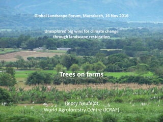 Trees	on	farms
Global	Landscape	Forum,	Marrakech,	16	Nov	2016
Henry	Neufeldt
World	Agroforestry	Centre	(ICRAF)
Unexplored	big	wins	for	climate	change	
through	landscape	restoration
 