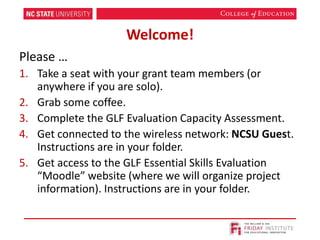 Welcome!
Please …
1. Take a seat with your grant team members (or
anywhere if you are solo).
2. Grab some coffee.
3. Complete the GLF Evaluation Capacity Assessment.
4. Get connected to the wireless network: NCSU Guest.
Instructions are in your folder.
5. Get access to the GLF Essential Skills Evaluation
“Moodle” website (where we will organize project
information). Instructions are in your folder.
 